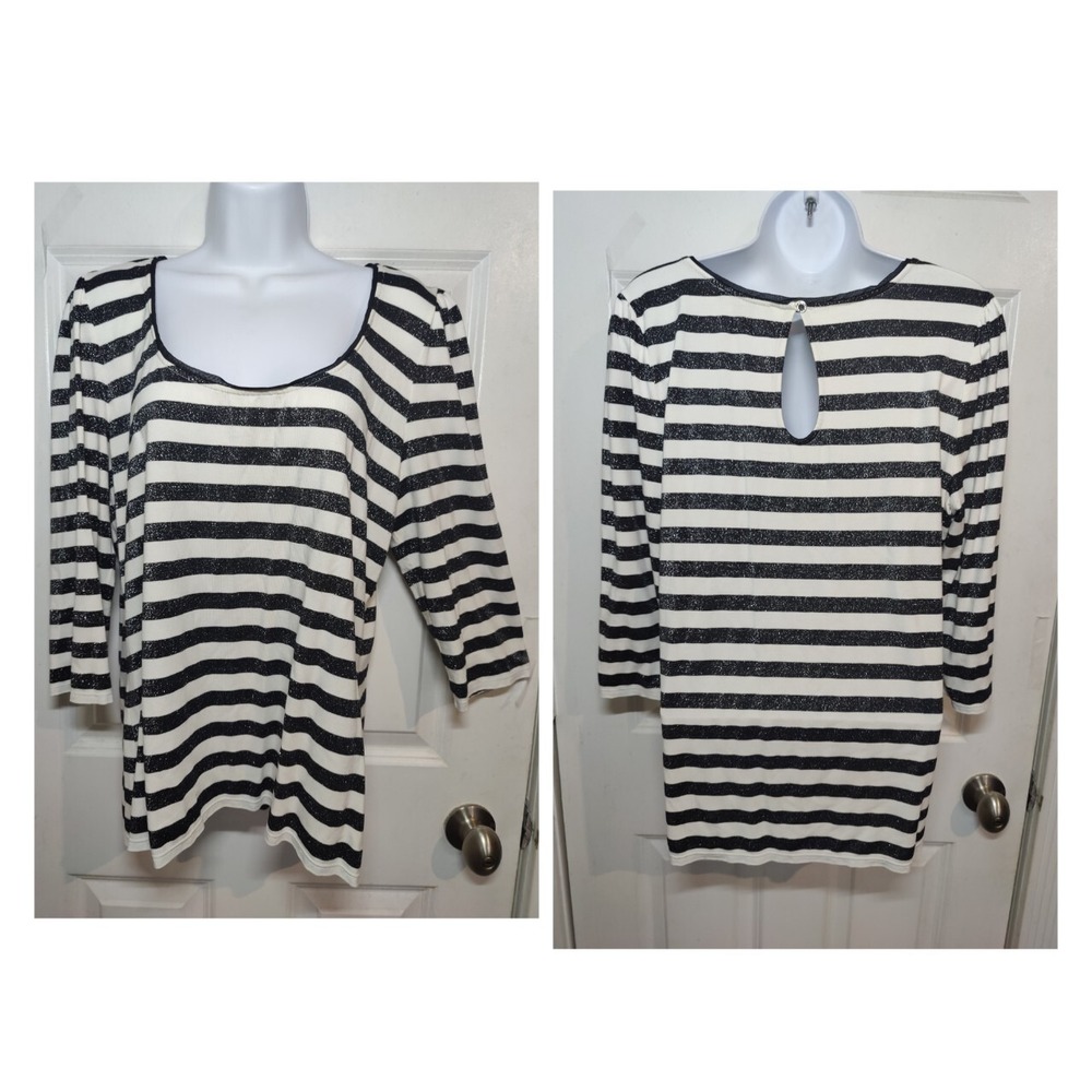WHBM Black White Sparkly Striped Scoop Neck 3/4-Sleeve‎ Keyhole Back Top XL